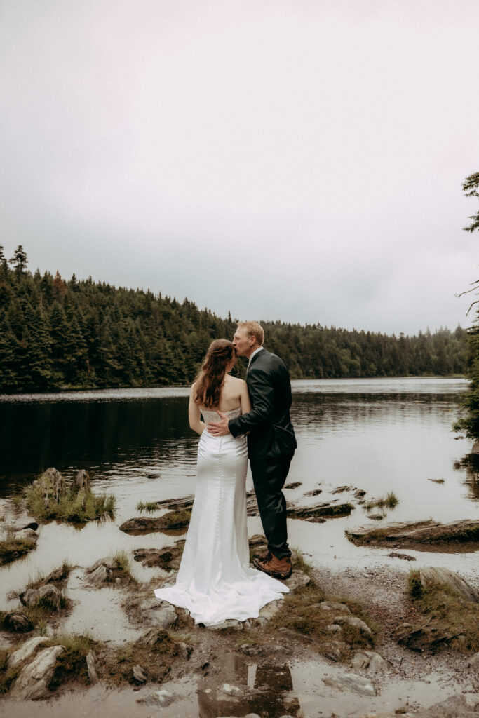 bride and groom outdoor elopement lake